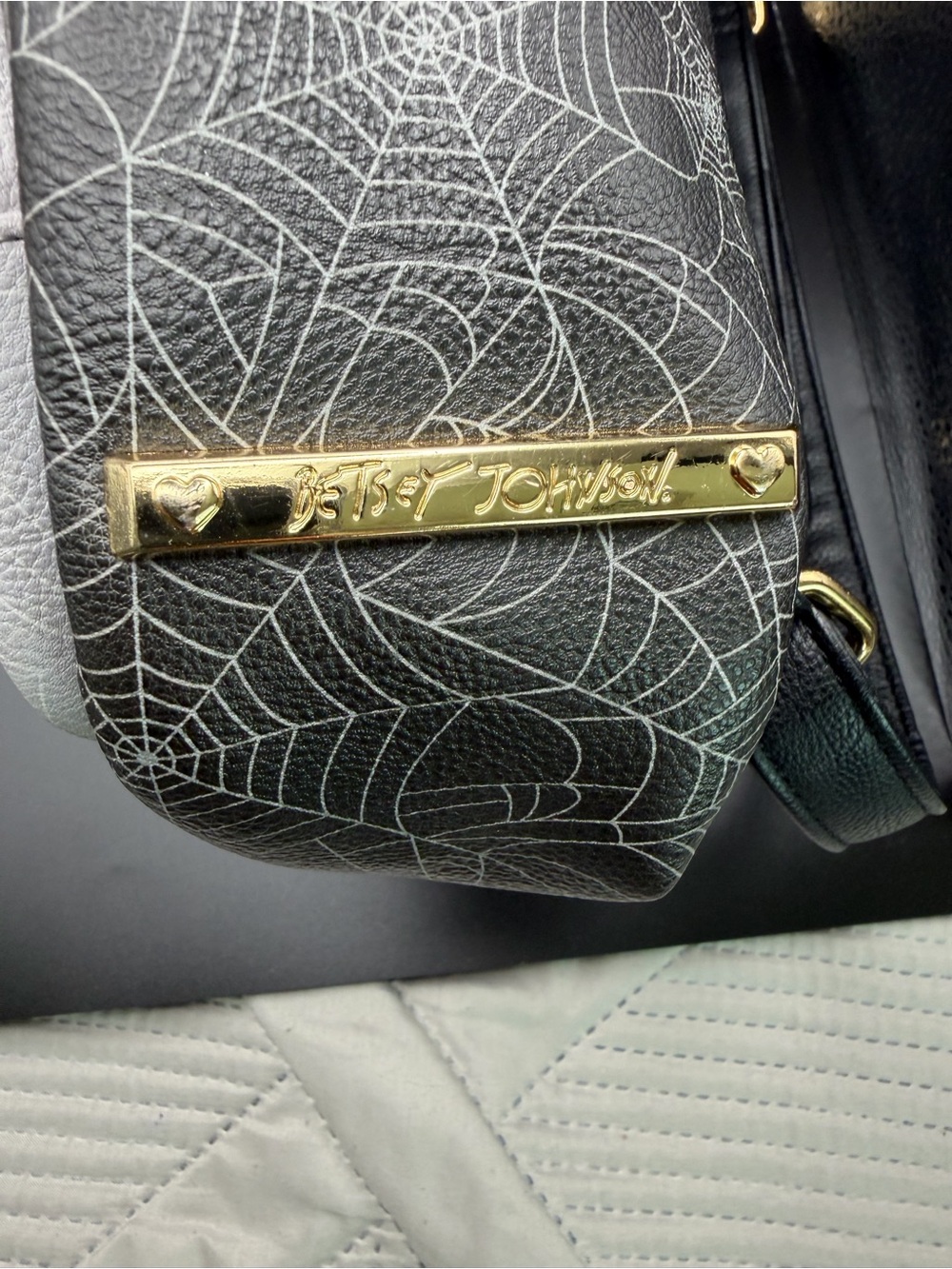 Betsey Johnson-Gray Dracula Cat Face & Spider Web print Mini backpack - Picture 3 of 11